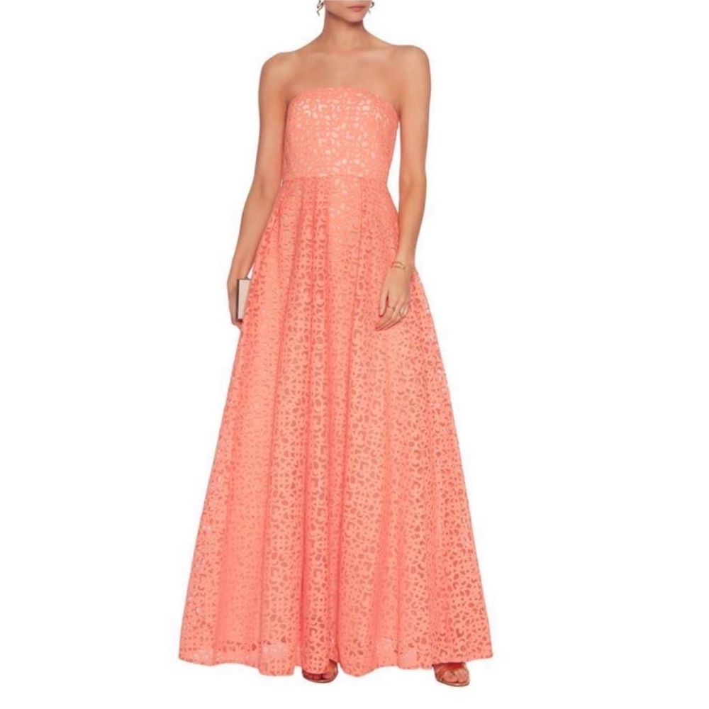 Mikael Aghal appliqued strapless lace cocktail gown in coral